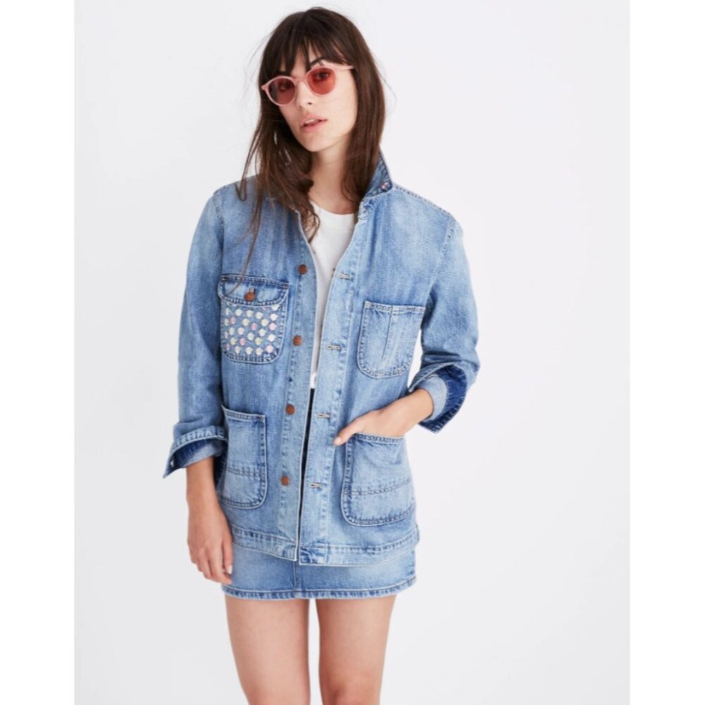 Madewell Embroidered Denim Chore Coat Button Up Oversized Rosseau Wash‎ Small